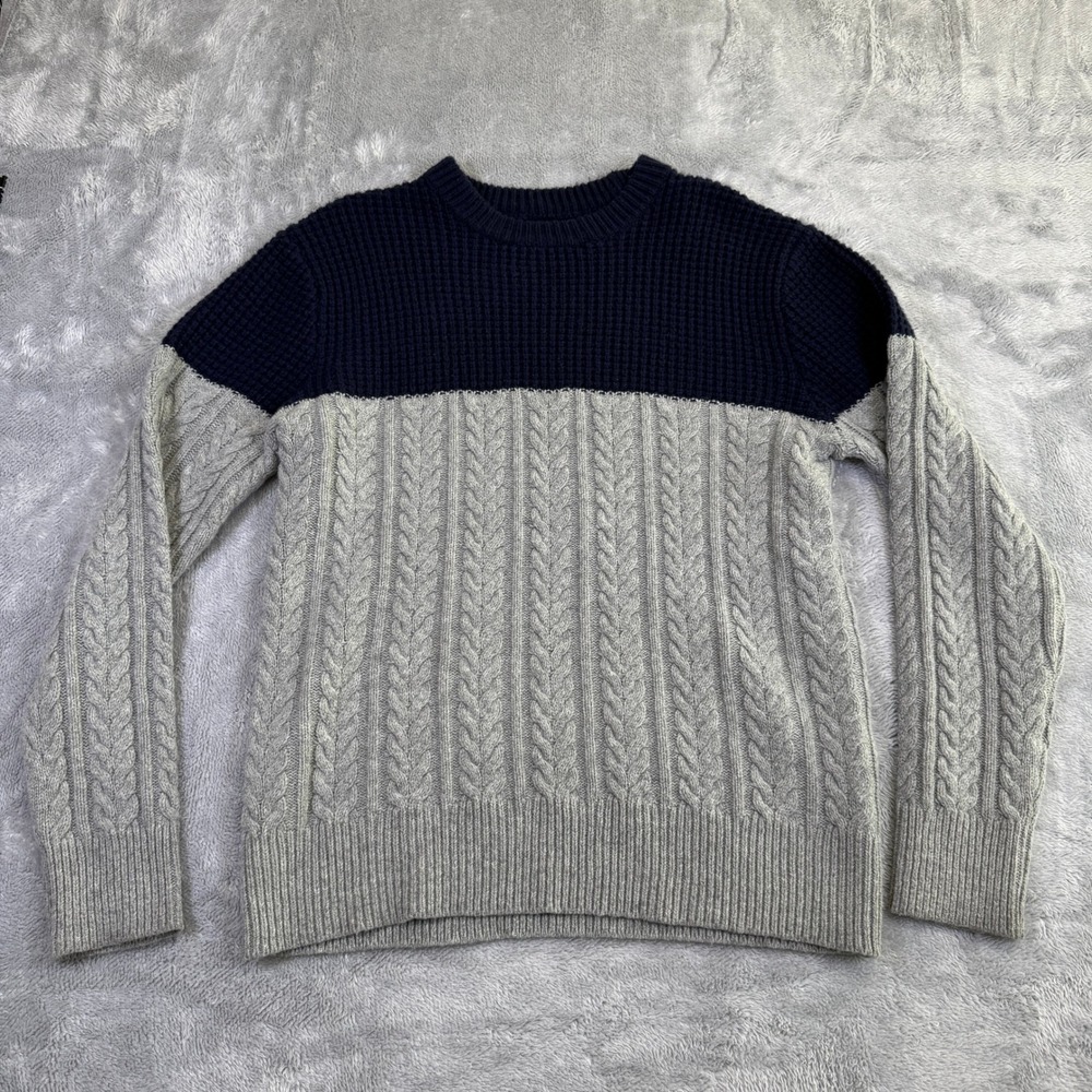 J Crew Men Med Rugged Merino Wool Mixed-Knit Colorblock Sweater‎ Cable Knit Gray